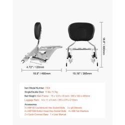 Moottoripyörän irrotettava selkänoja ja tavarateline ruostumattomalla rungolla vedenpitävällä nahalla Touring-malleihin