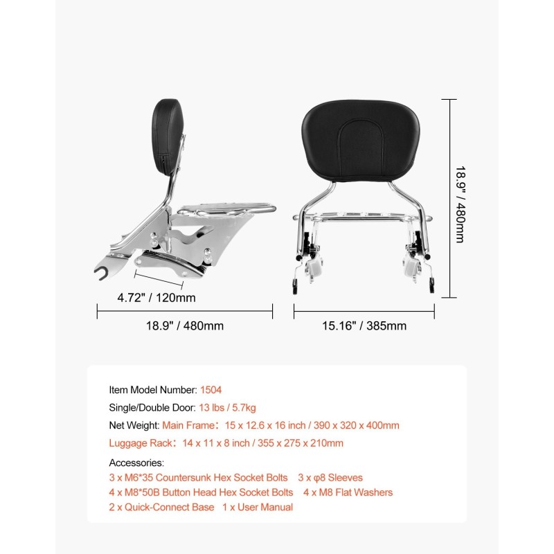Moottoripyörän irrotettava selkänoja ja tavarateline ruostumattomalla rungolla vedenpitävällä nahalla Touring-malleihin