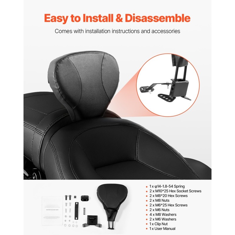 Moottoripyörän selkätuki irrotettava vettä hylkivä nahka ja ruostumaton runko Harley Touring 2009–2024