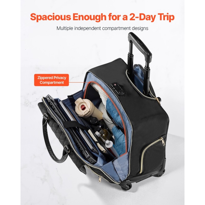 Rullattava tietokonelaukku 17,3-tuumaiselle kannettavalle 4 pyörää vedenpitävällä pinnoitteella 1680D Oxford-kangas musta-kulta