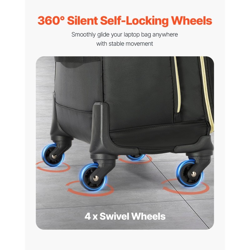 Rullattava tietokonelaukku 17,3-tuumaiselle kannettavalle 4 pyörää vedenpitävällä pinnoitteella 1680D Oxford-kangas musta-kulta