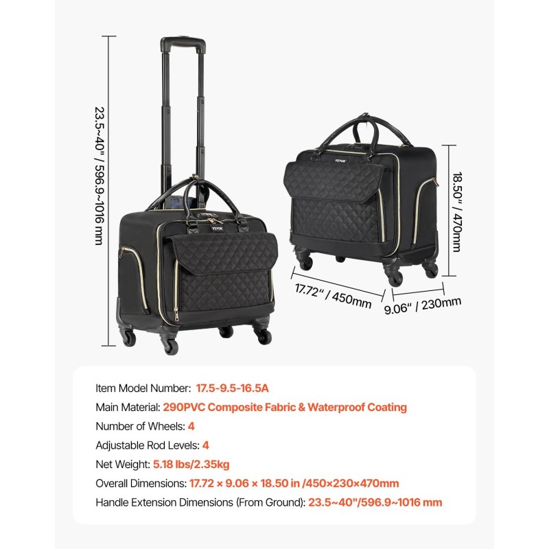 Rullattava tietokonelaukku 17,3-tuumaiselle kannettavalle 4 pyörää vedenpitävällä pinnoitteella 1680D Oxford-kangas musta-kulta