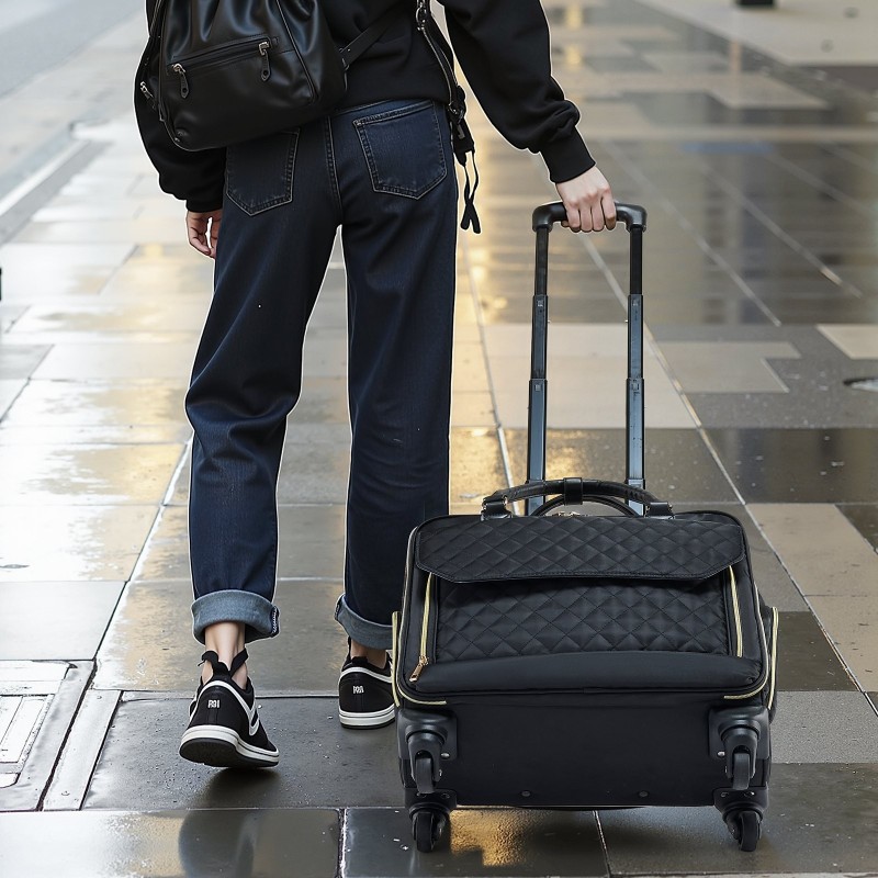 Rullattava tietokonelaukku 17,3-tuumaiselle kannettavalle 4 pyörää vedenpitävällä pinnoitteella 1680D Oxford-kangas musta-kulta