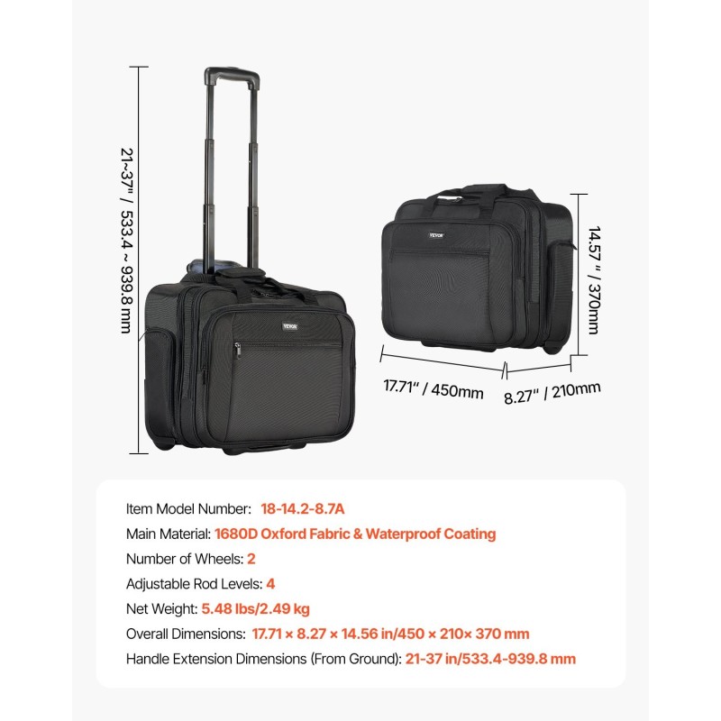 Tietokonelaukku Oxford-kankaasta pyörillä ja säädettävällä vetokahvalla enintään 17,3 tuuman kannettavalle