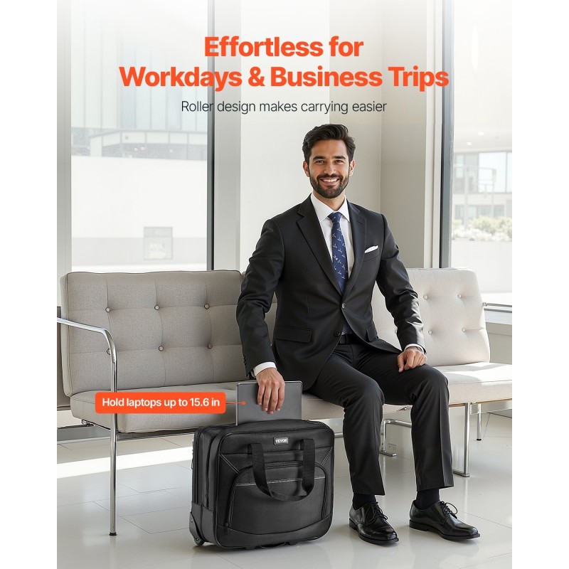 Rullattava tietokonelaukku 15,6 tuuman 1680D-kangas vedenpitävä musta kaksi pyörää