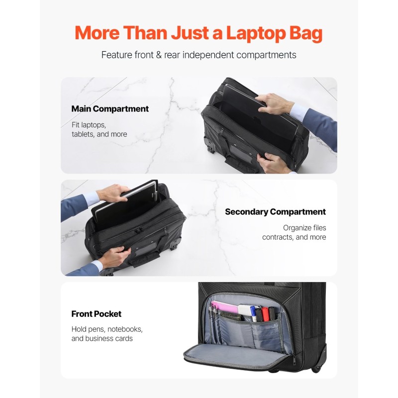 Rullattava tietokonelaukku 15,6 tuuman 1680D-kangas vedenpitävä musta kaksi pyörää