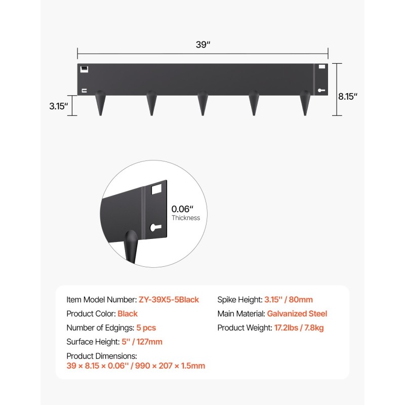 Nurmikon reunussetti sinkitty teräs 5 kpl 990 mm 127 mm musta