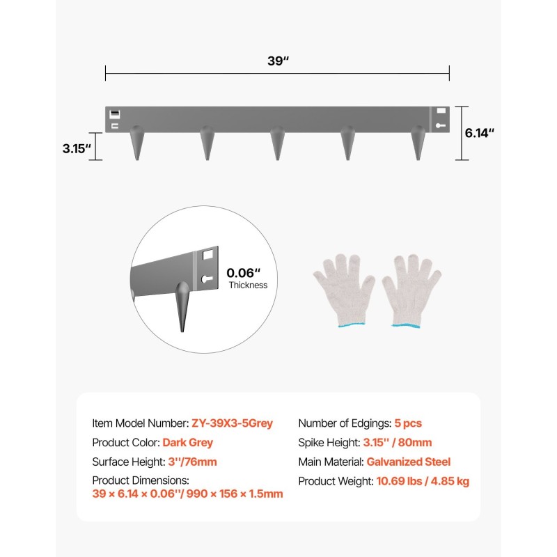 Reunalista galvanoitu teräs 76 mm korkeus 5 kpl tummanharmaa taipuisa nurmikolle