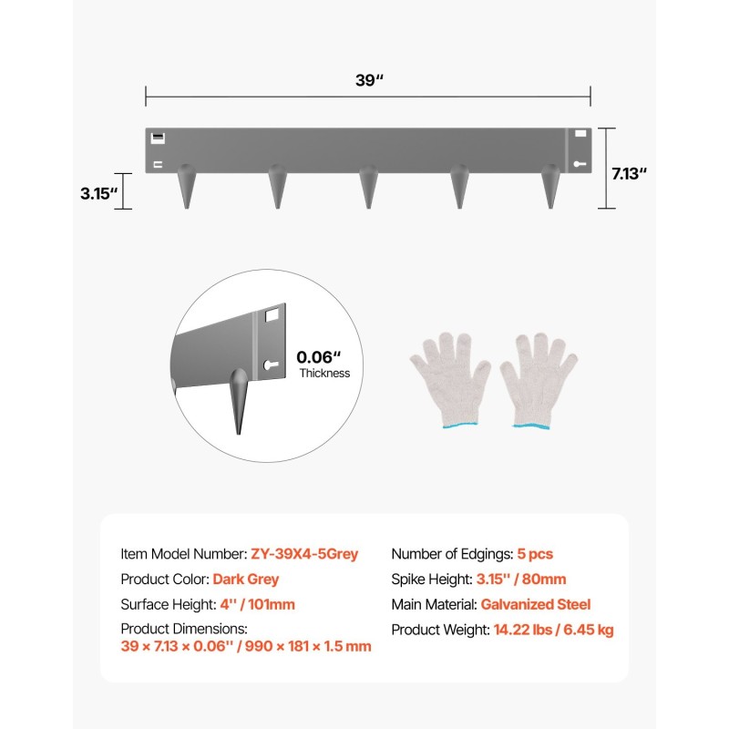 Pihan reunalista sinkitty teräs 5 kpl 101 mm korkea tummanharmaa
