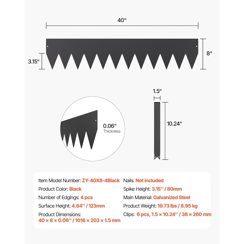 Teräsreunalista galvanoitu 4 kpl 1016×203×1,5 mm musta puutarhaan