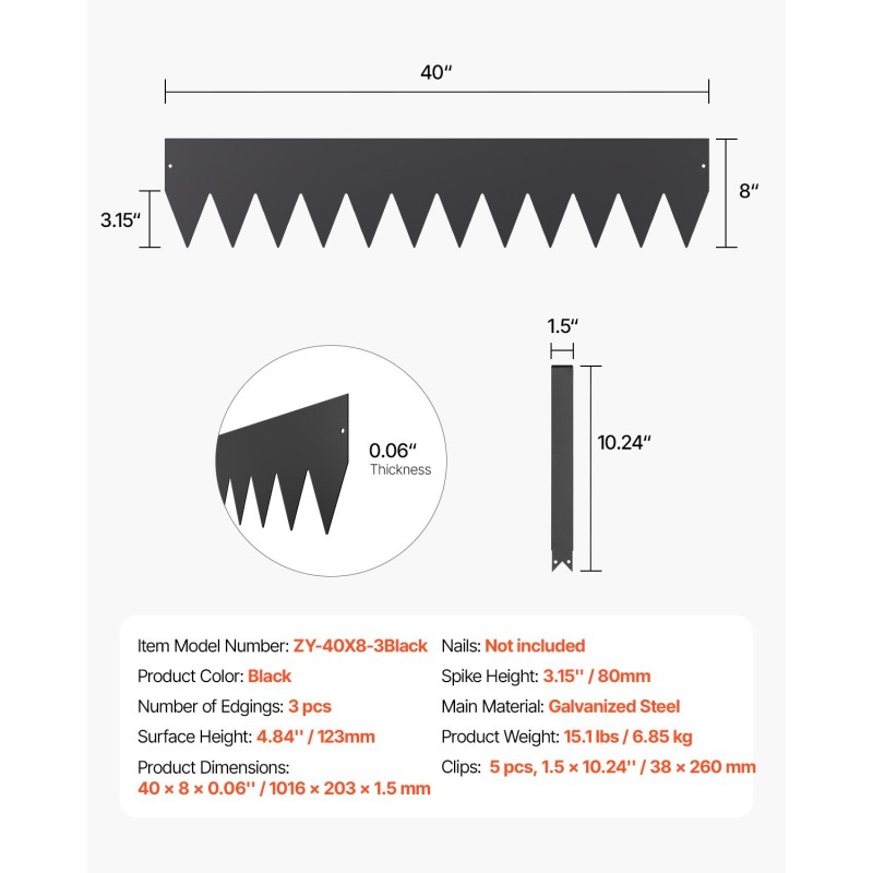 Nurmikonreunus galvanoidusta teräksestä 3 kpl korkeus 123 mm musta
