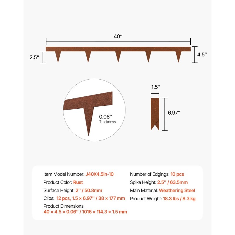 Reunuslista pihalle säänkestävä teräs 10 kpl 1016 x 114 mm ruosteenruskea