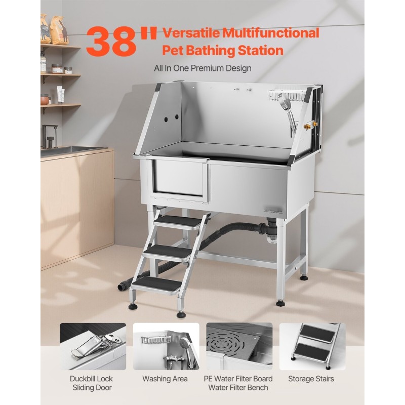 Lemmikkien pesuallas ruostumatonta terästä 96,5 cm pienille ja keskikokoisille koirille ja kissoille