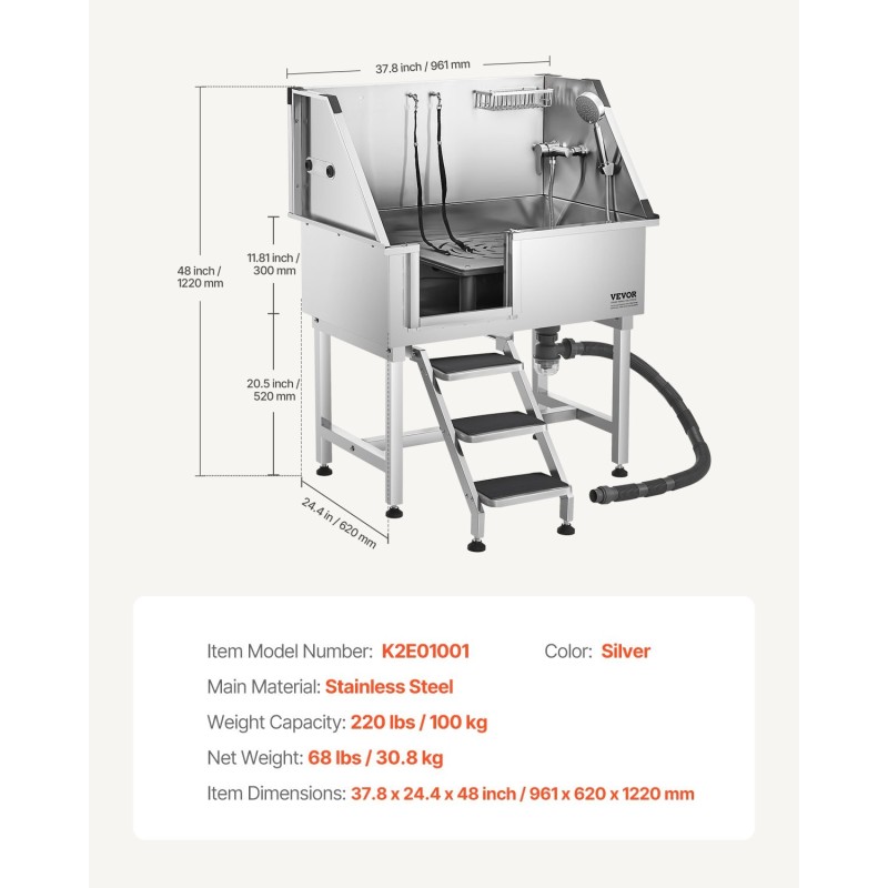 Lemmikkien pesuallas ruostumatonta terästä 96,5 cm pienille ja keskikokoisille koirille ja kissoille