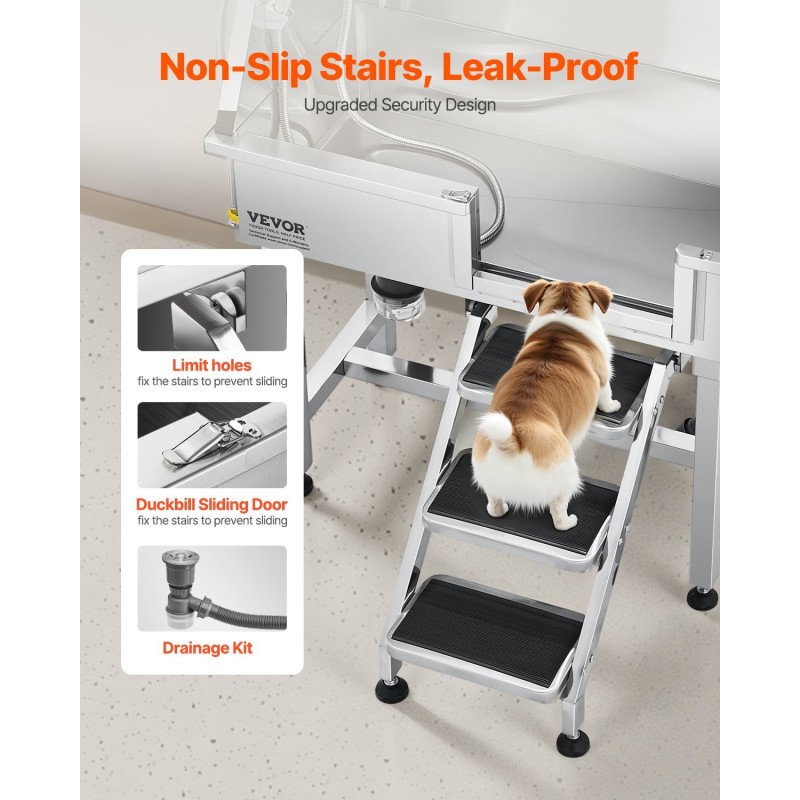 Lemmikkien pesuallas ruostumatonta terästä 87 senttimetriä suihkupäällä kuuma ja kylmävesihanalla teleskooppisilla portailla