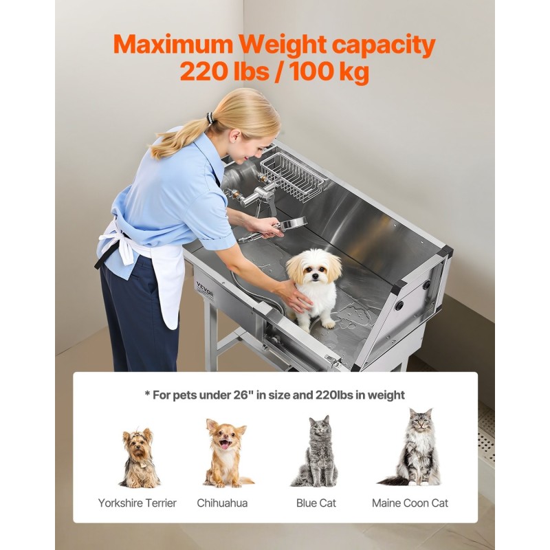 Lemmikkien pesuallas ruostumatonta terästä 87 senttimetriä suihkupäällä kuuma ja kylmävesihanalla teleskooppisilla portailla