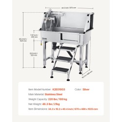 Lemmikkien pesuallas ruostumatonta terästä 87 senttimetriä suihkupäällä kuuma ja kylmävesihanalla teleskooppisilla portailla