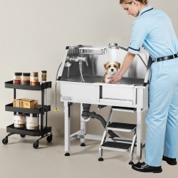 Lemmikkien pesuallas ruostumatonta terästä 87 senttimetriä suihkupäällä kuuma ja kylmävesihanalla teleskooppisilla portailla