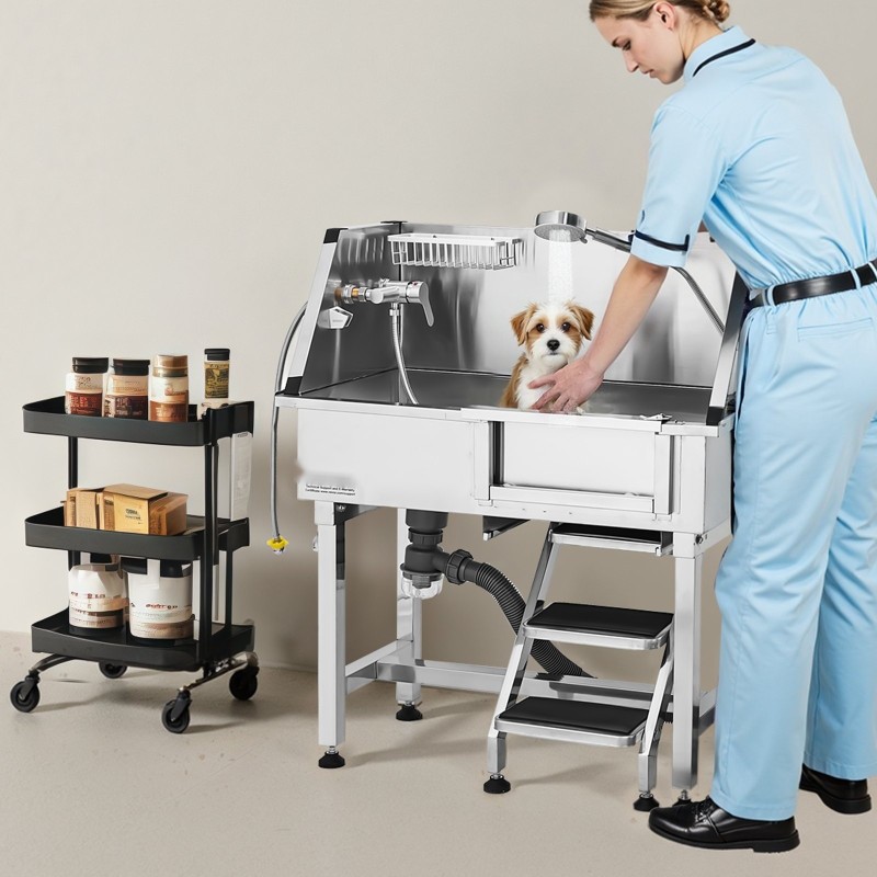 Lemmikkien pesuallas ruostumatonta terästä 87 senttimetriä suihkupäällä kuuma ja kylmävesihanalla teleskooppisilla portailla