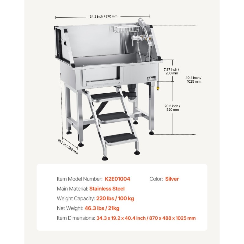 Lemmikkien pesuallas ruostumaton teräs 86,4 cm pienille koirille ja kissoille