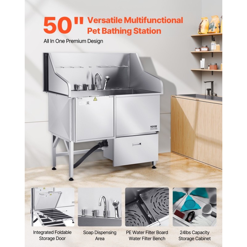 Koirien pesuallas 127 cm 304-ruostumaton teräs hoitola- ja kotikäyttöön