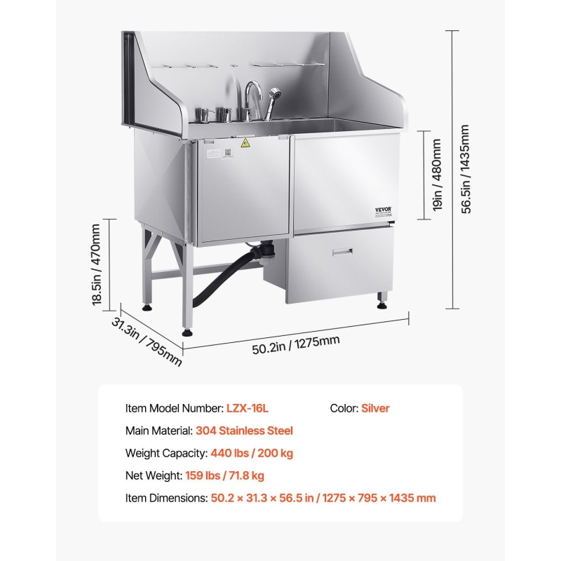 Koirien pesuallas 127 cm 304-ruostumaton teräs hoitola- ja kotikäyttöön