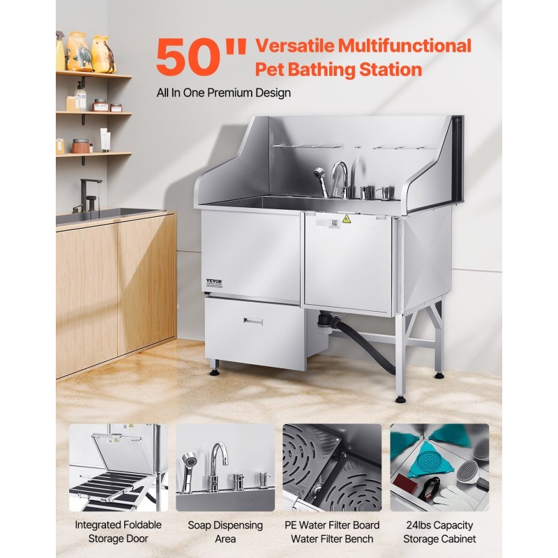 Koirien pesuallas 127 cm 304-ruostumattomasta teräksestä liukumattomalla rampilla säilytyslaatikolla oikeanpuoleisella ovella