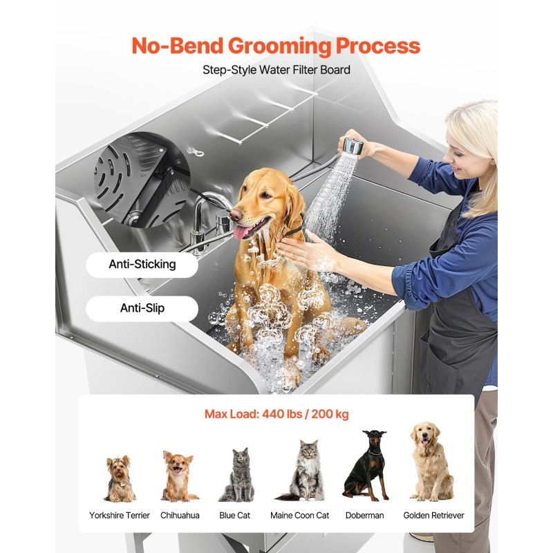 Koirien pesuallas 127 cm 304-ruostumattomasta teräksestä liukumattomalla rampilla säilytyslaatikolla oikeanpuoleisella ovella