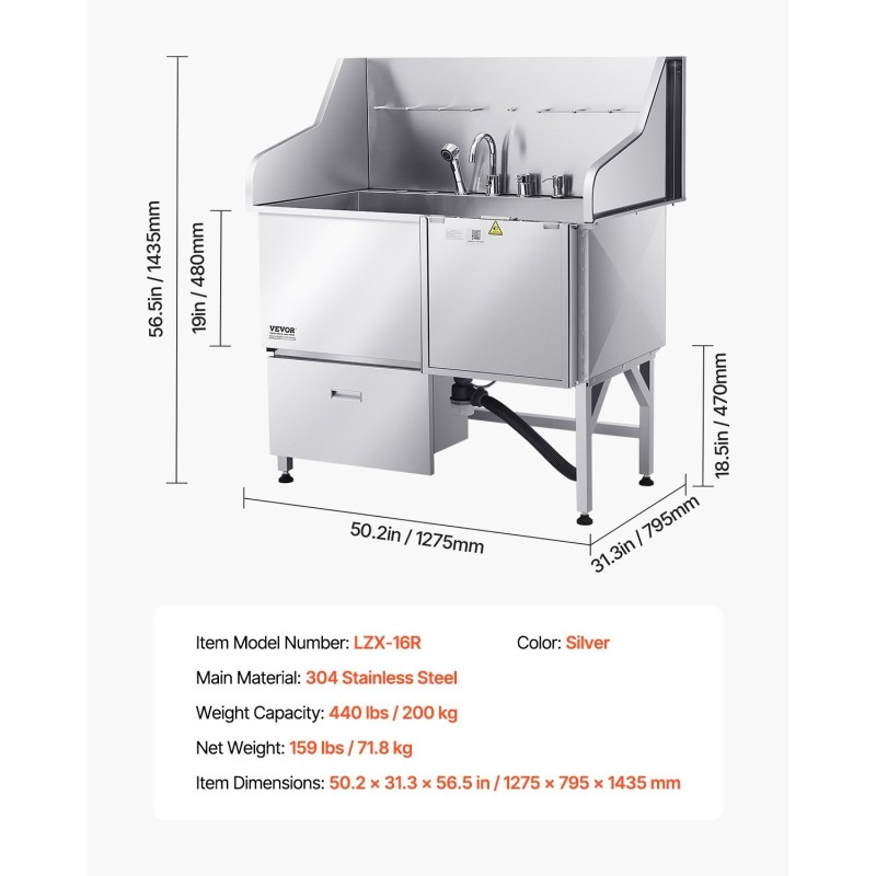 Koirien pesuallas 127 cm 304-ruostumattomasta teräksestä liukumattomalla rampilla säilytyslaatikolla oikeanpuoleisella ovella