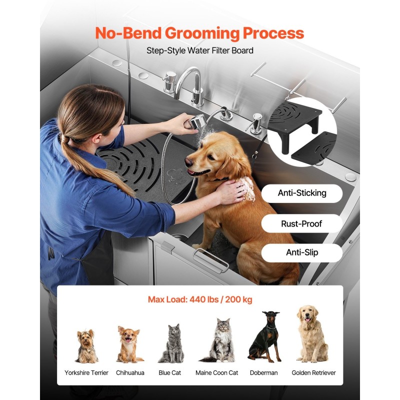 Koiran pesuallas 304-ruostumaton teräs 1550 x 790 x 1470 mm 200 kg ammatti‑ ja kotikäyttöön