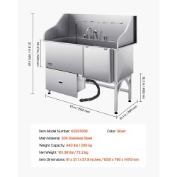 Koiran pesuallas 304-ruostumaton teräs 1550 x 790 x 1470 mm 200 kg ammatti‑ ja kotikäyttöön