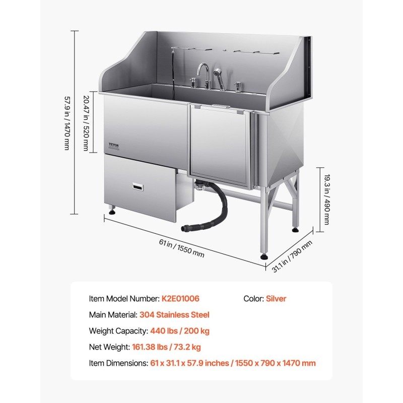 Koiran pesuallas 304-ruostumaton teräs 1550 x 790 x 1470 mm 200 kg ammatti‑ ja kotikäyttöön