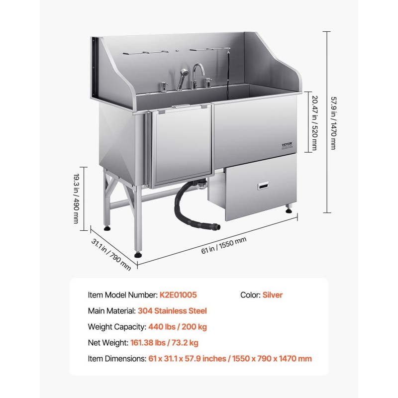 Koiranpesuallas 304 ruostumaton teräs vasen ovi 200 kg kantavuus