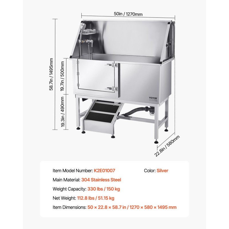 Koiranpesuallas ruostumatonta terästä 127 cm vasen ovi ramppi hana ja suihkupää
