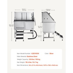 Koirien pesuallas ruostumaton teräs 150 kg kantavuus suihkulla vasemmalla ovella