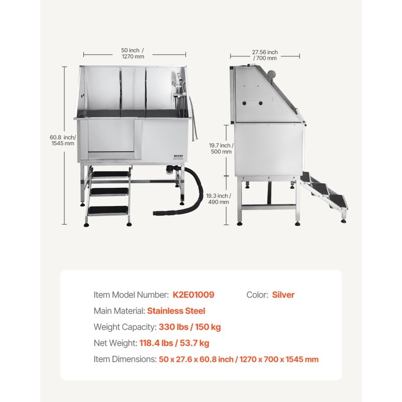 Koirien pesuallas ruostumaton teräs 150 kg kantavuus suihkulla vasemmalla ovella