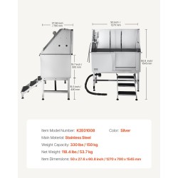 Koiranpesuallas ruostumatonta terästä 127 cm oikea ovi portaat vesisuodatinlevy säädettävät jalat