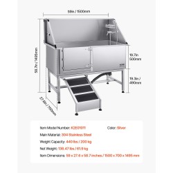 Koirien pesuallas 304-ruostumaton teräs 1500×700×1495 mm kantavuus 200 kg