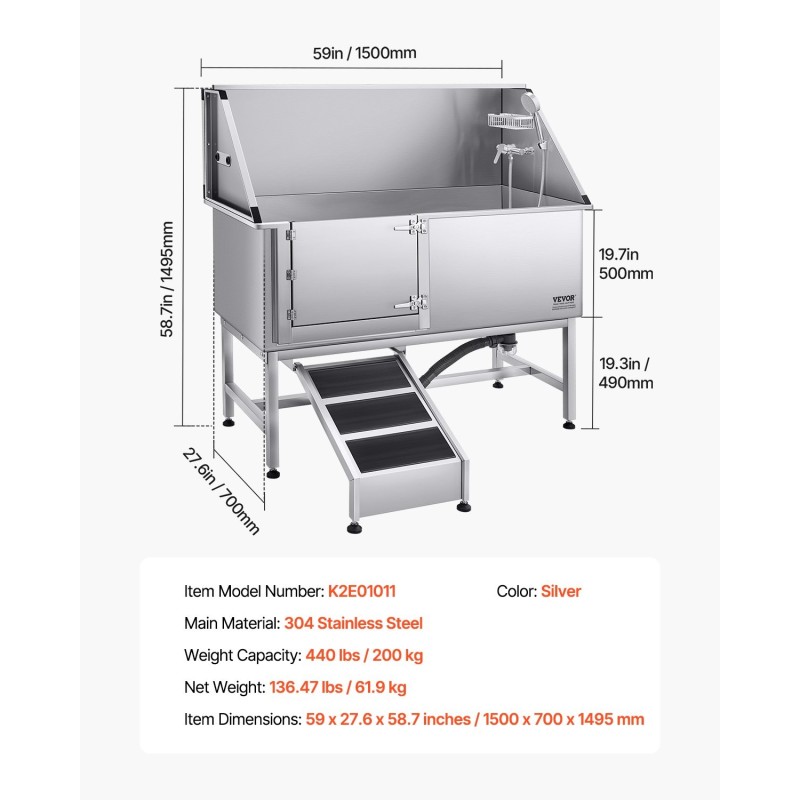 Koirien pesuallas 304-ruostumaton teräs 1500×700×1495 mm kantavuus 200 kg