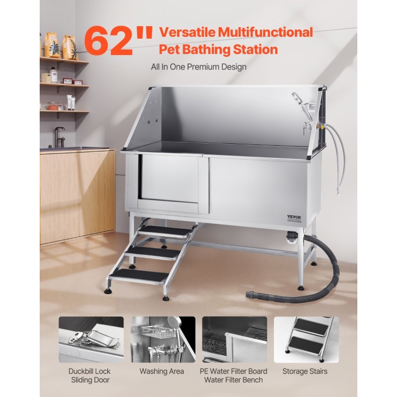 Koiran pesuasema ruostumattomasta teräksestä vasen ovi portaat säädettävät jalat 200 kg