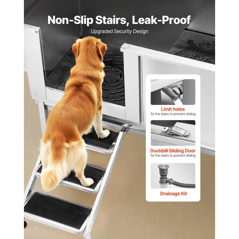 Koiran pesuasema ruostumattomasta teräksestä vasen ovi portaat säädettävät jalat 200 kg