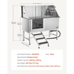 Koiran pesuasema ruostumattomasta teräksestä vasen ovi portaat säädettävät jalat 200 kg