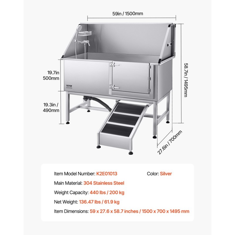 Koirien pesuallas 304-ruostumatonta terästä sopii kaikenkokoisille lemmikeille rampilla ja PE-vesisuodattimella