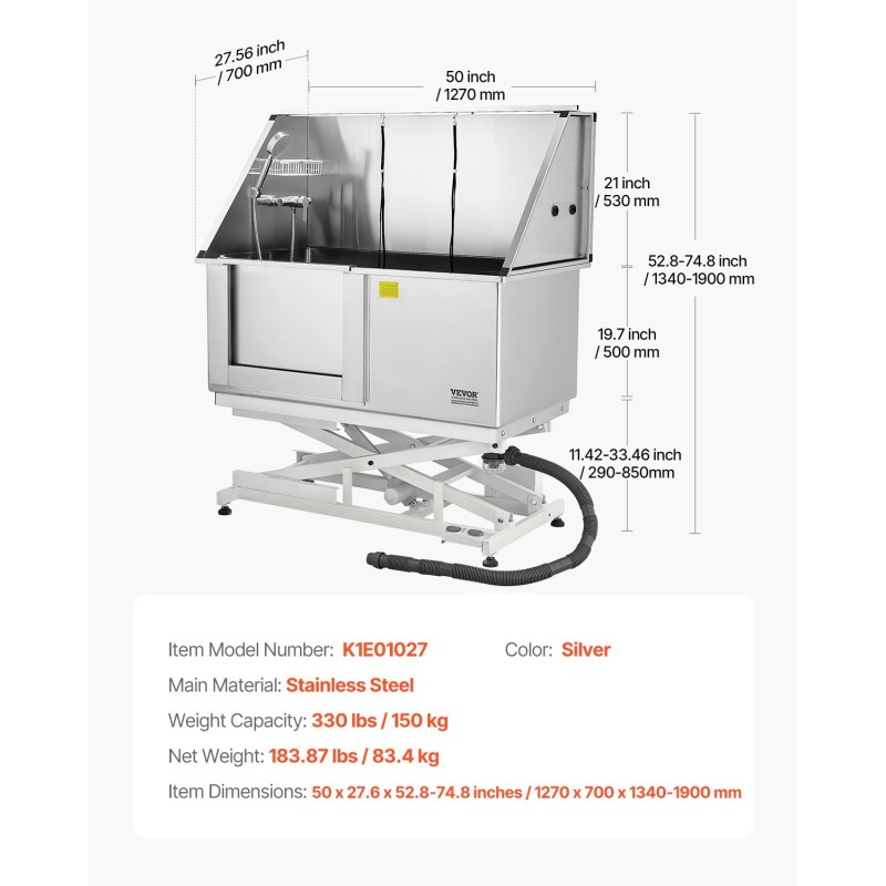 Koirien pesuallas sähköisesti säädettävä ruostumaton teräs 127 cm vasen ovi hana suihkupää