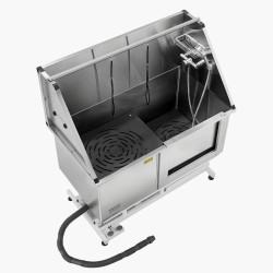 Sähkökäyttöinen koirien pesuasema ruostumattomasta teräksestä korkeudensäätöisellä oikeanpuoleisella ovella vesisuodattimella