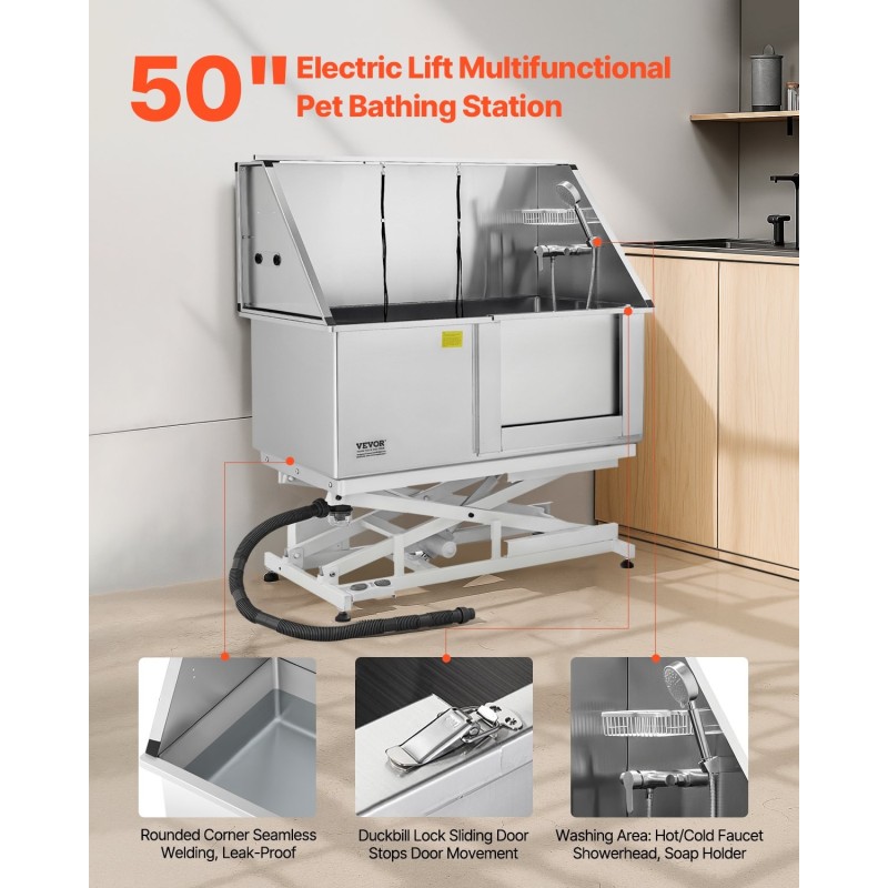 Sähkökäyttöinen koirien pesuasema ruostumattomasta teräksestä korkeudensäätöisellä oikeanpuoleisella ovella vesisuodattimella