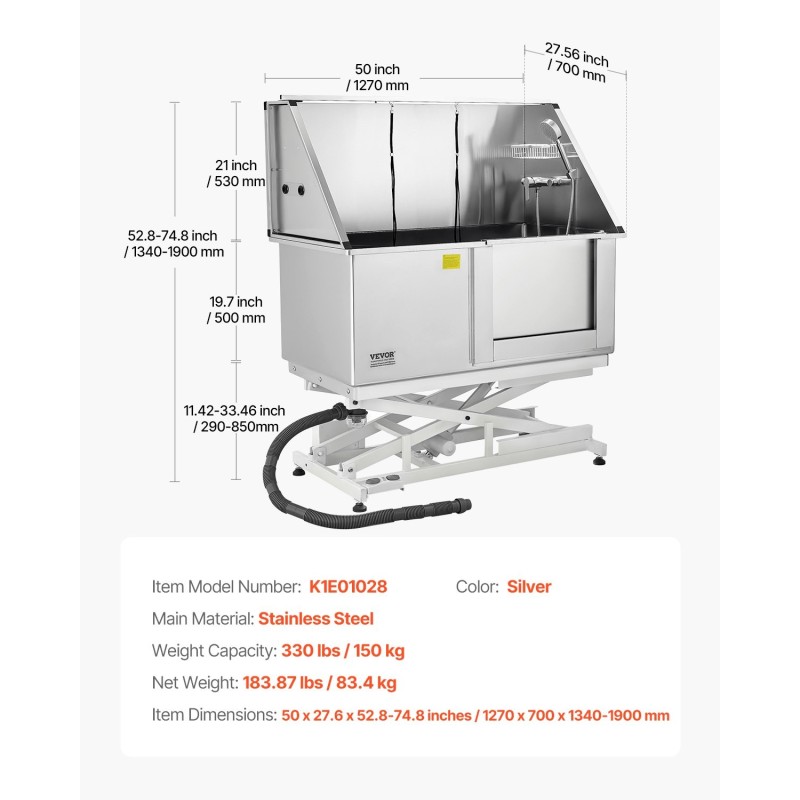 Sähkökäyttöinen koirien pesuasema ruostumattomasta teräksestä korkeudensäätöisellä oikeanpuoleisella ovella vesisuodattimella