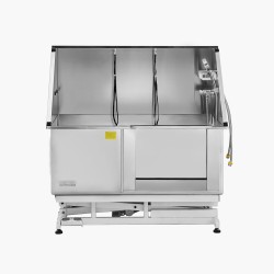 Sähkökäyttöinen koirien pesuasema ruostumattomasta teräksestä korkeudensäätöisellä oikeanpuoleisella ovella vesisuodattimella