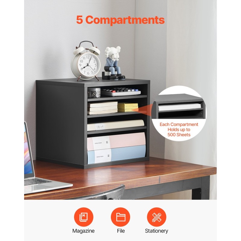 Kirjelaatikko 5-lokeroinen viilutettu lastulevy ja kuitulevy pöydälle harmaa 355x305x330 mm