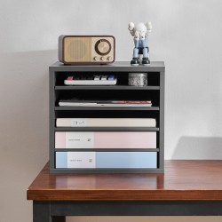 Kirjelaatikko 5-lokeroinen viilutettu lastulevy ja kuitulevy pöydälle harmaa 355x305x330 mm